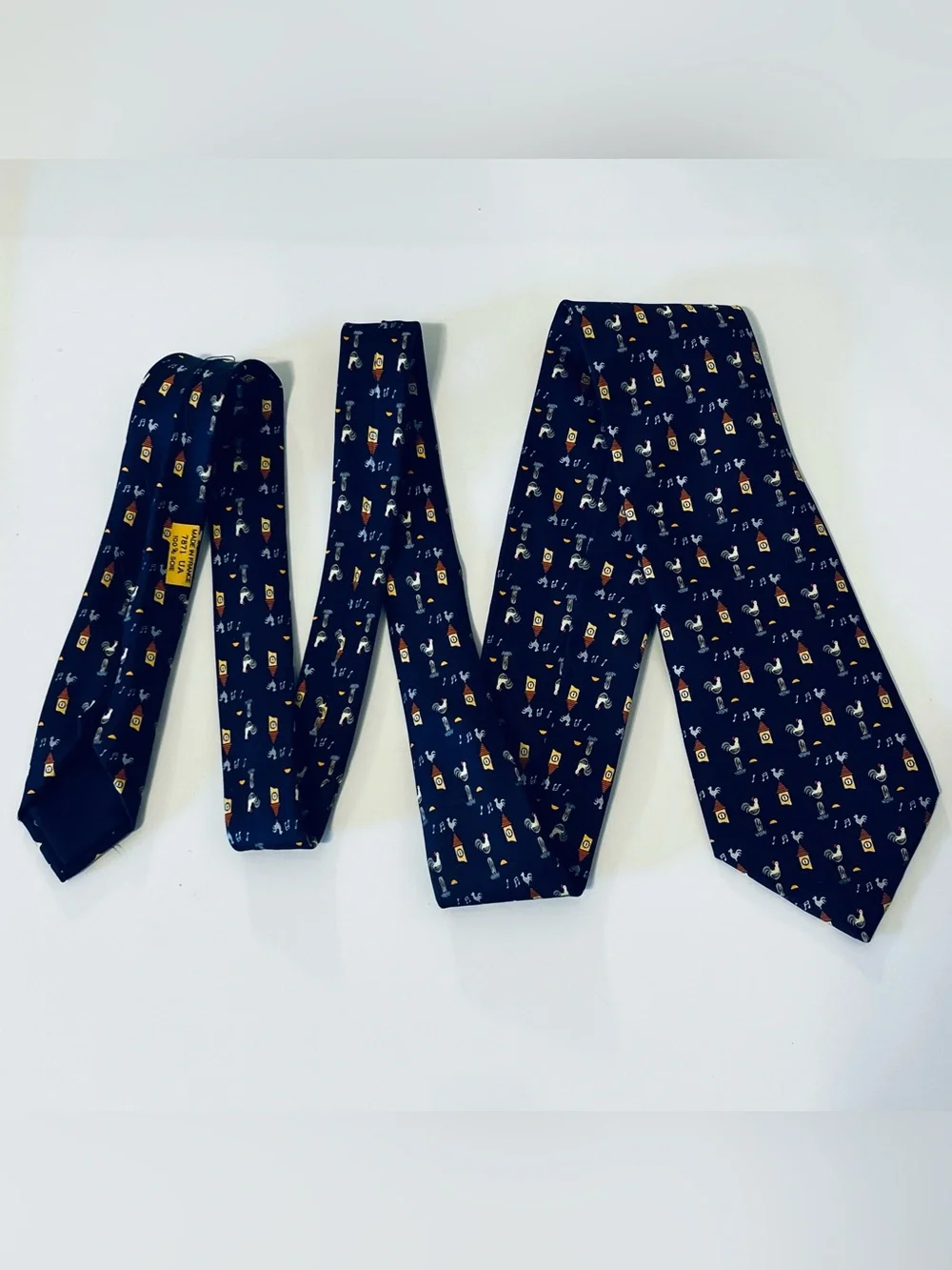 HERMES 7871 UA Mens Neck Tie 100% Silk Vintage France Rooster Clock Fathers Day